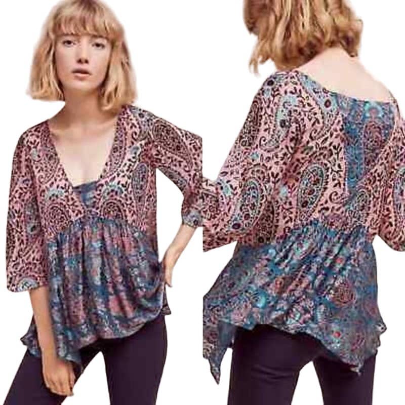 Floreat Anthropologie Valo Silk Blend Boho Swing Velvet Blouse Burnout Teal Pink